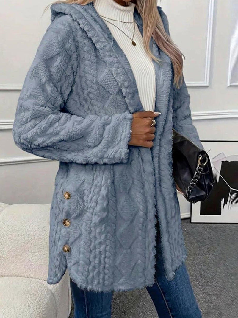 Long Hooded Fleece Jacket for Women with Cable Texture and Side Slits in Blue, front view