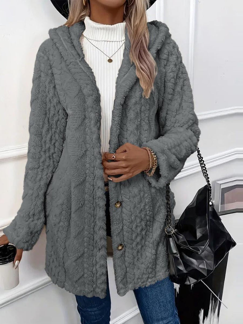 Long Hooded Fleece Jacket for Women with Cable Texture and Side Slits in Gray, front view