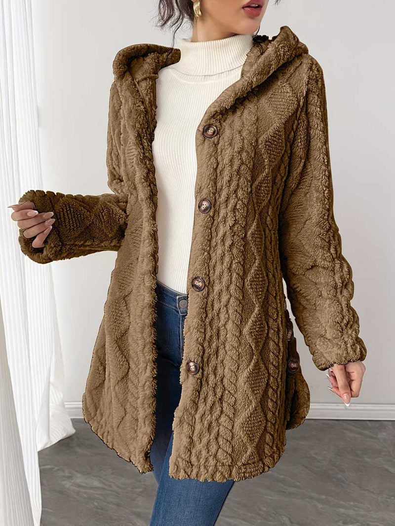 Long Hooded Fleece Jacket for Women with Cable Texture and Side Slits in Khaki, front view