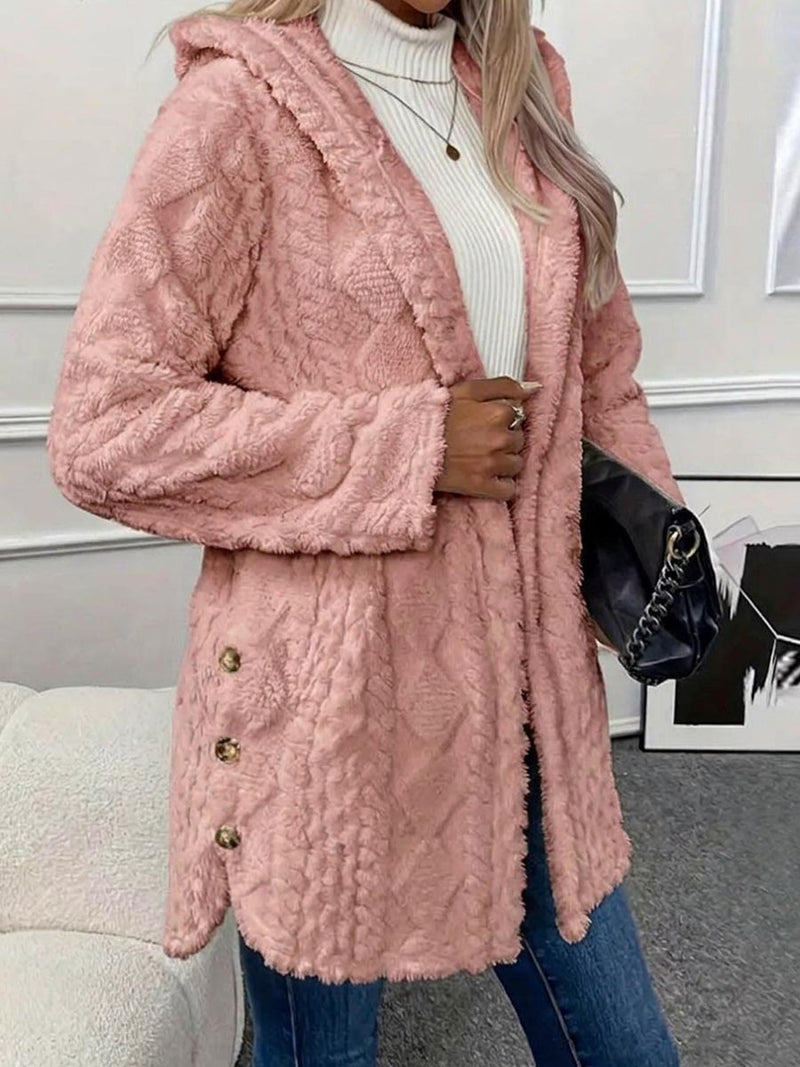 Long Hooded Fleece Jacket for Women with Cable Texture and Side Slits in Pink, front view