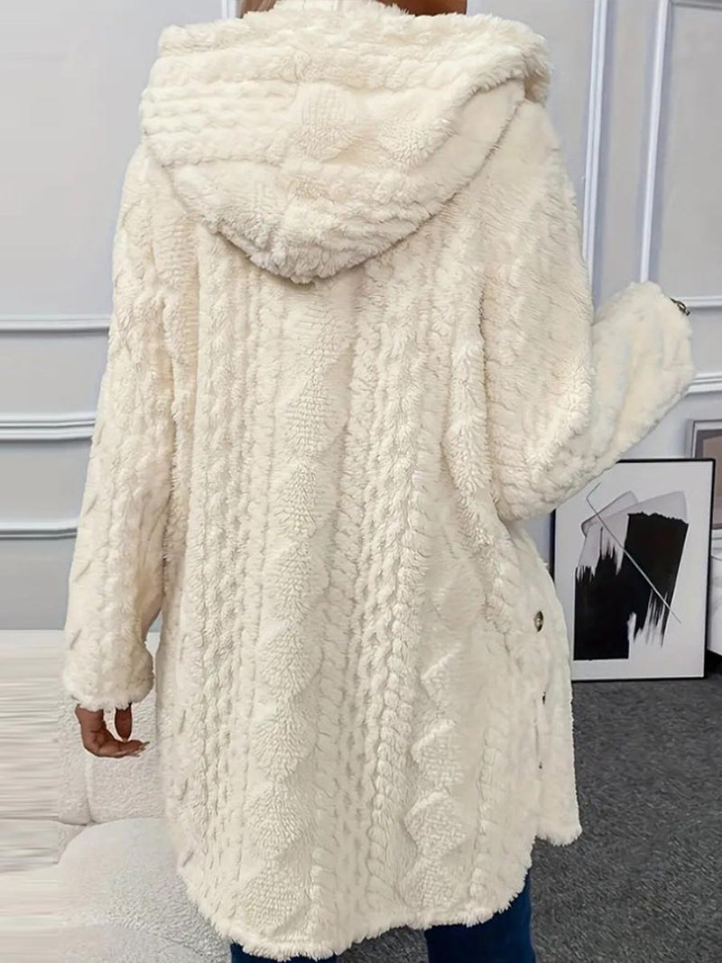Long Hooded Fleece Jacket for Women with Cable Texture and Side Slits in White, back view