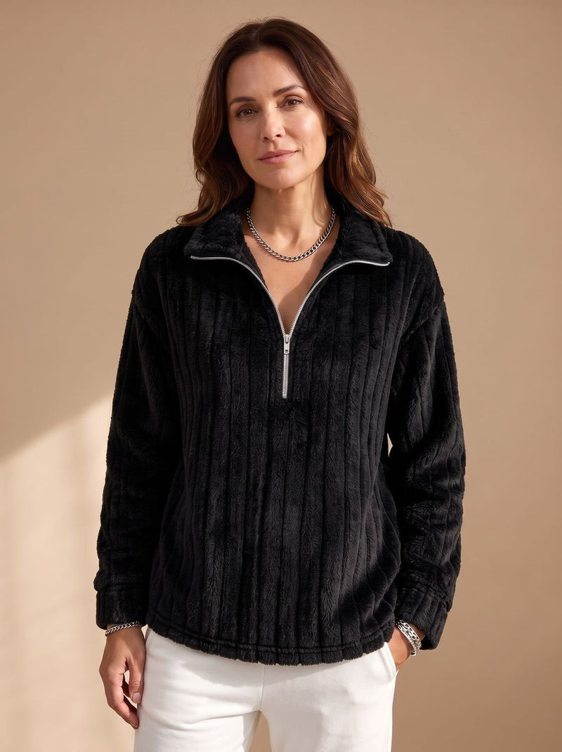 Half-Zip Fleece Pullover for Women with Ribbed Plush Knit in Black, studio front view