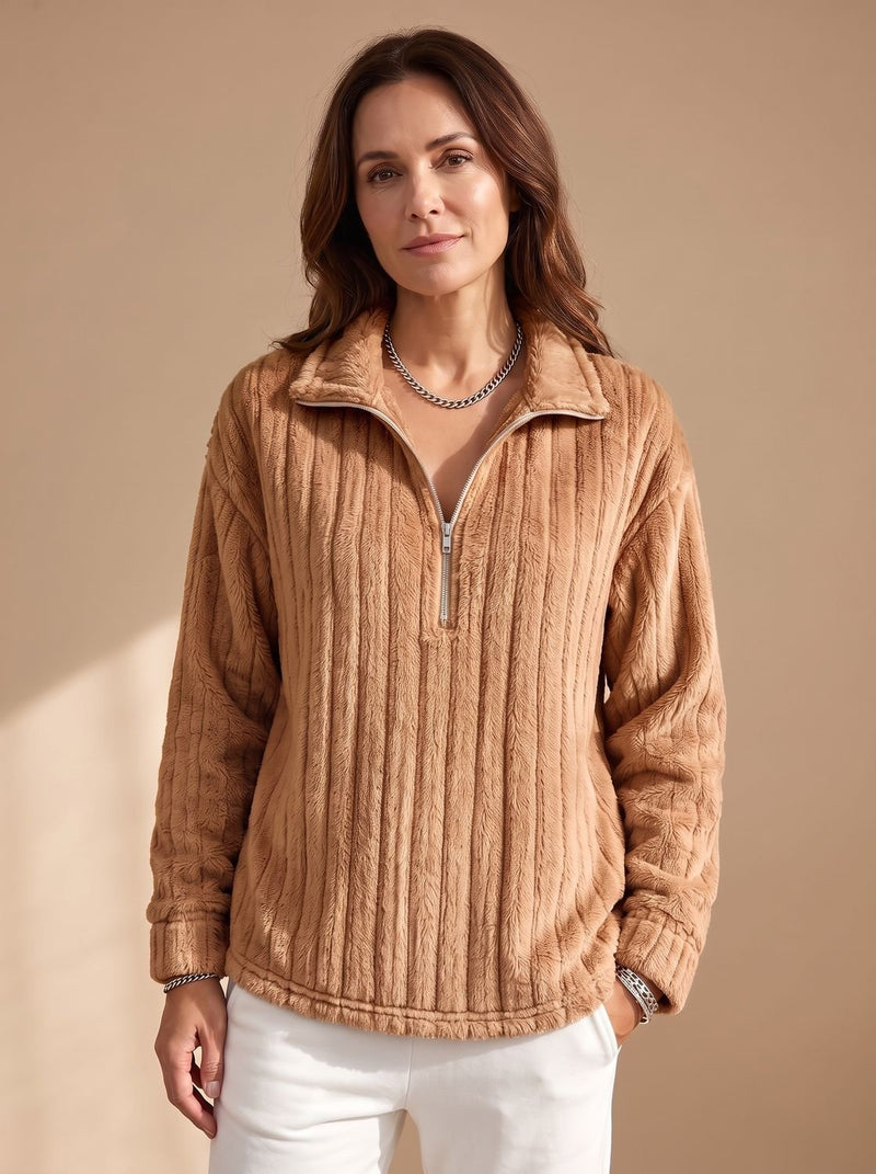 Half-Zip Fleece Pullover for Women with Ribbed Plush Knit in Light Brown, studio front view