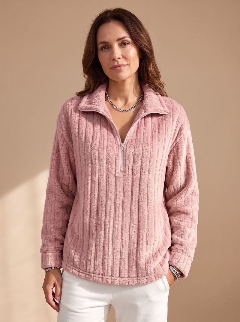 Half-Zip Fleece Pullover for Women with Ribbed Plush Knit in Pink, studio front view