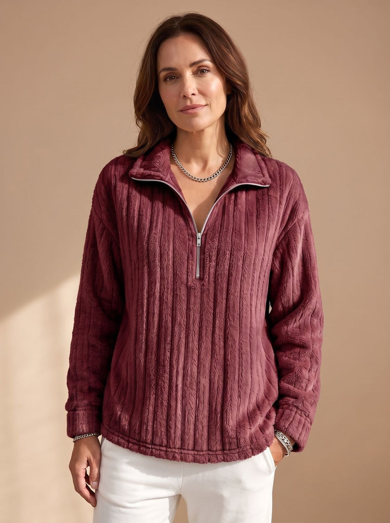 Half-Zip Fleece Pullover for Women with Ribbed Plush Knit in Red, studio front view
