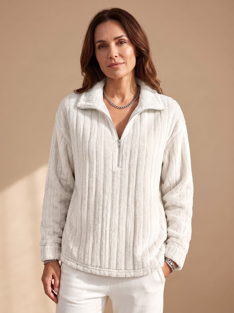 Half-Zip Fleece Pullover for Women with Ribbed Plush Knit in White, studio front view