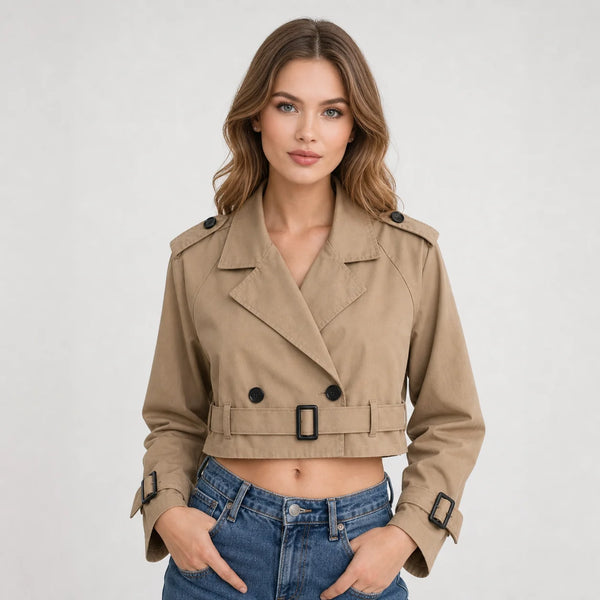 Sofaine Mia cropped double-breasted trench jacket in Khaki, worn front hero