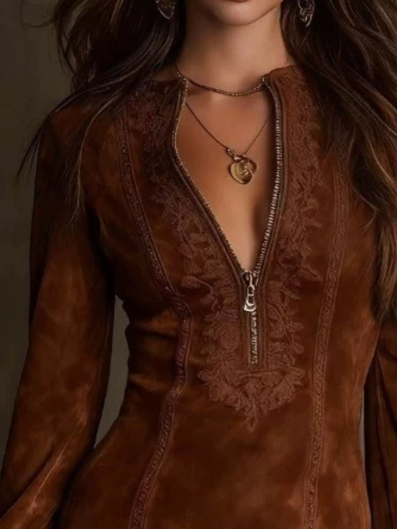 Long Sleeve Lace Trim Mini Dress for Women with Zip Front and V Neck in Dark Brown, close-up
