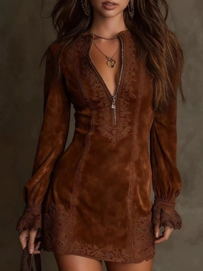 Long Sleeve Lace Trim Mini Dress for Women with Zip Front and V Neck in Dark Brown, front view