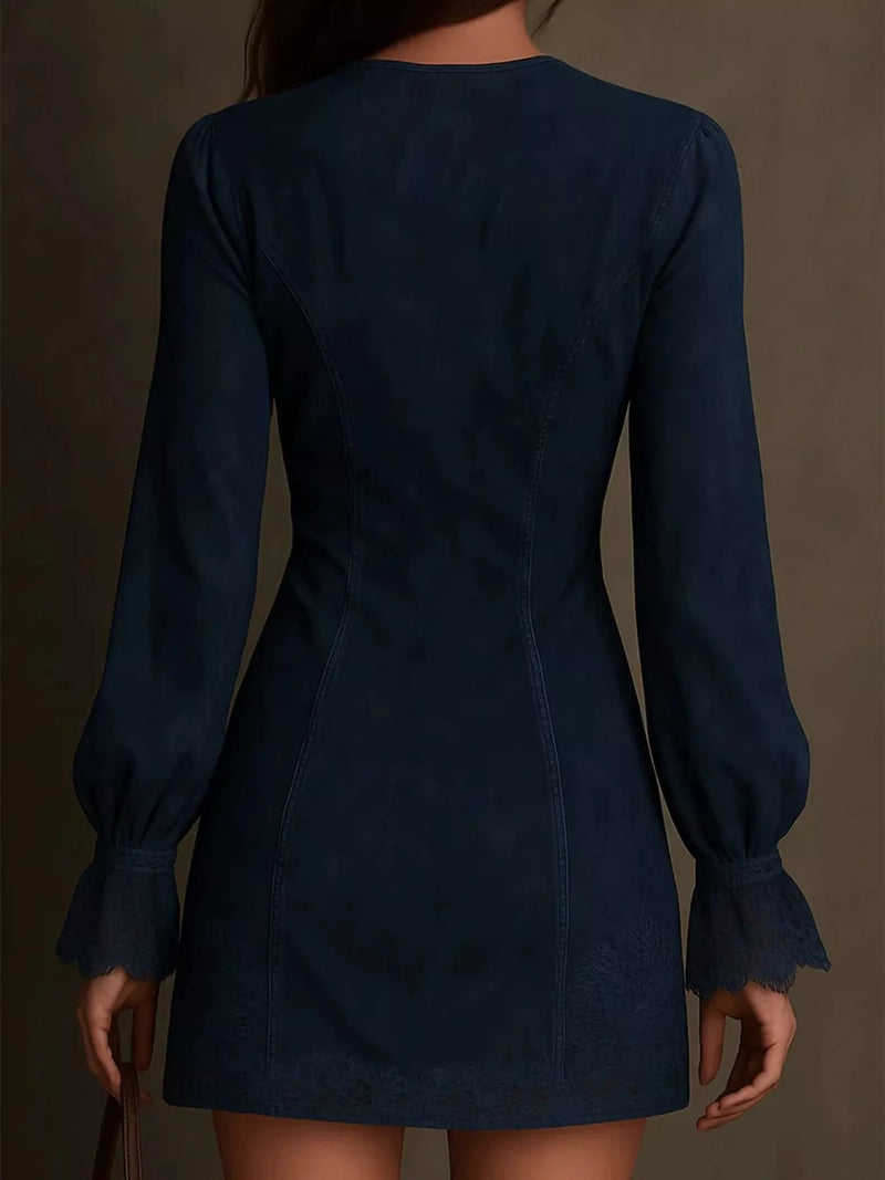 Long Sleeve Lace Trim Mini Dress for Women with Zip Front and V Neck in Navy Blue, back view