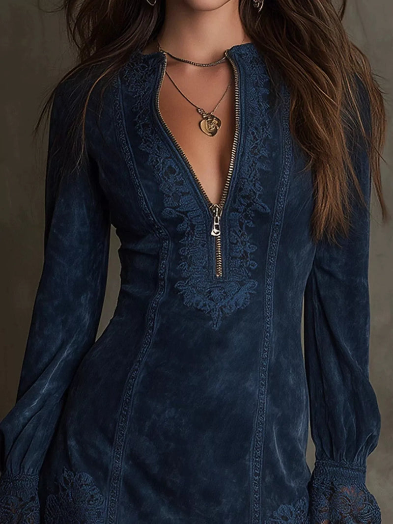 Long Sleeve Lace Trim Mini Dress for Women with Zip Front and V Neck in Navy Blue, close-up