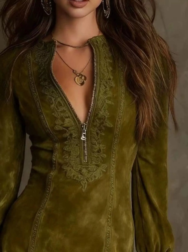 Long Sleeve Lace Trim Mini Dress for Women with Zip Front and V Neck in Olive Green, close-up