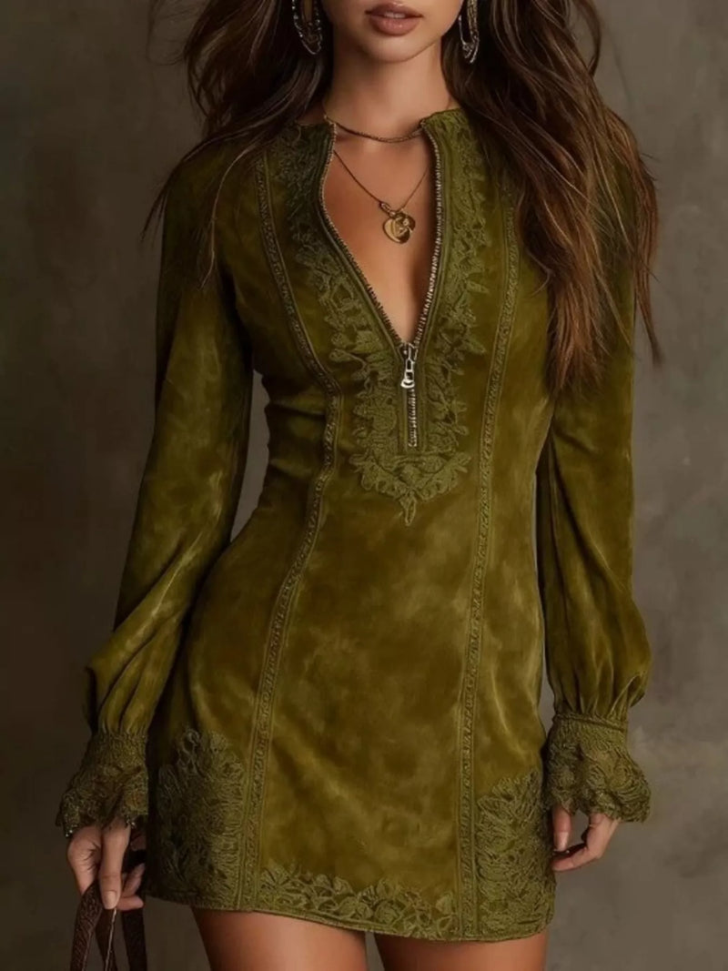 Long Sleeve Lace Trim Mini Dress for Women with Zip Front and V Neck in Olive Green, front view