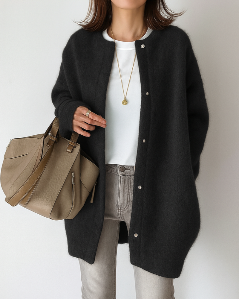 Fuzzy Knit Sweater Jacket for Women with Crew Neck and Button Front in Black, front view