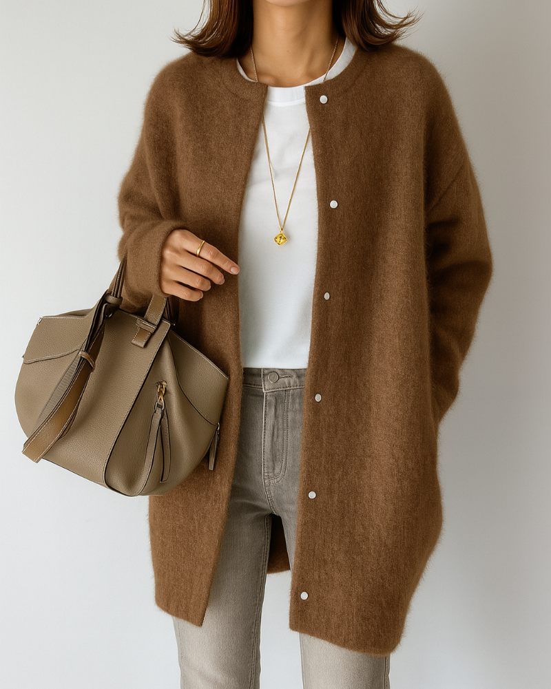 Fuzzy Knit Sweater Jacket for Women with Crew Neck and Button Front in Caramel, front view
