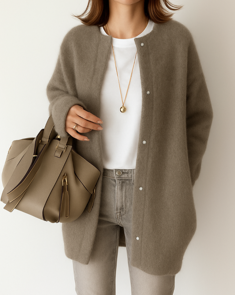 Fuzzy Knit Sweater Jacket for Women with Crew Neck and Button Front in Coffee, front view