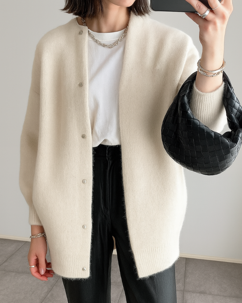 Fuzzy Knit Sweater Jacket for Women with Crew Neck and Button Front in Cream, mirror selfie front view