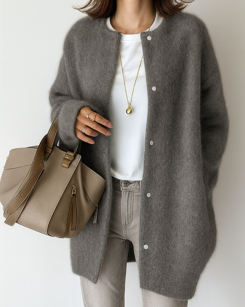 Fuzzy Knit Sweater Jacket for Women with Crew Neck and Button Front in Gray, front view