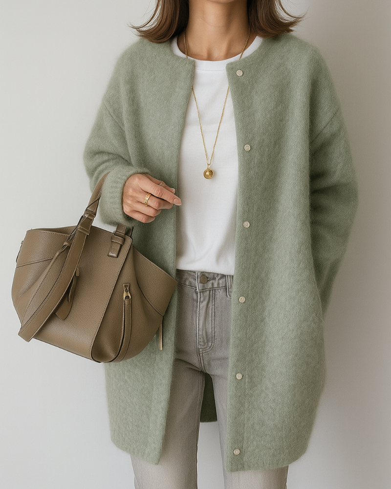 Fuzzy Knit Sweater Jacket for Women with Crew Neck and Button Front in Green, front view