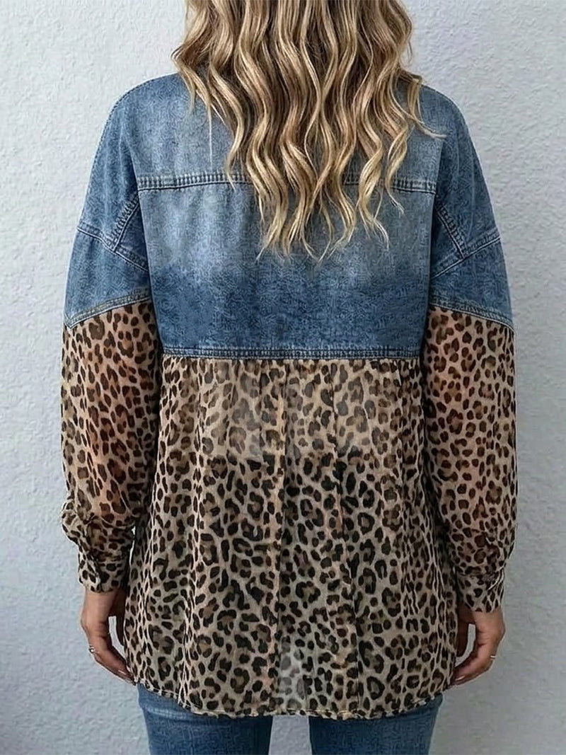 Leopard Print Denim Jacket for Women with Chiffon Panels and Button Front in Blue, back view