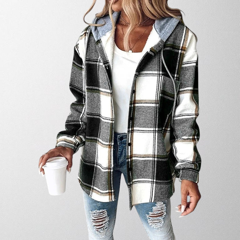 Plaid Hooded Shacket for Women with Button Front and Curved Hem in Black, front view