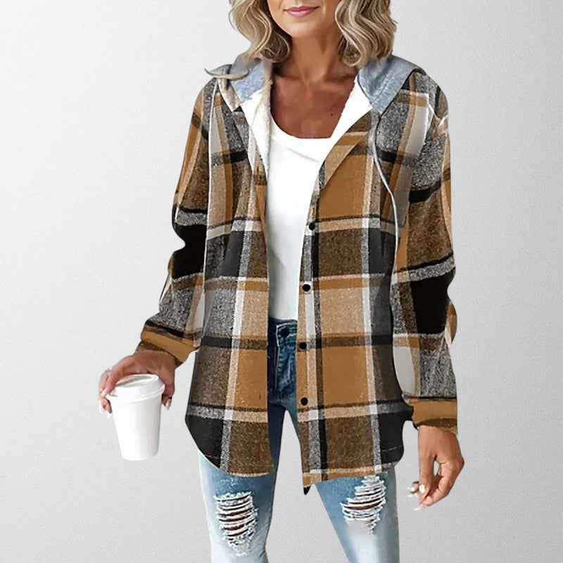 Plaid Hooded Shacket for Women with Button Front and Curved Hem in Brown, front view