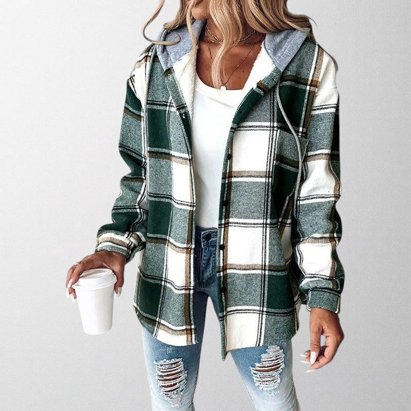 Plaid Hooded Shacket for Women with Button Front and Curved Hem in Green, front view