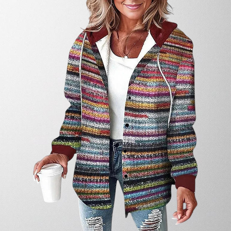 Plaid Hooded Shacket for Women with Button Front and Curved Hem in Multicolor, front view