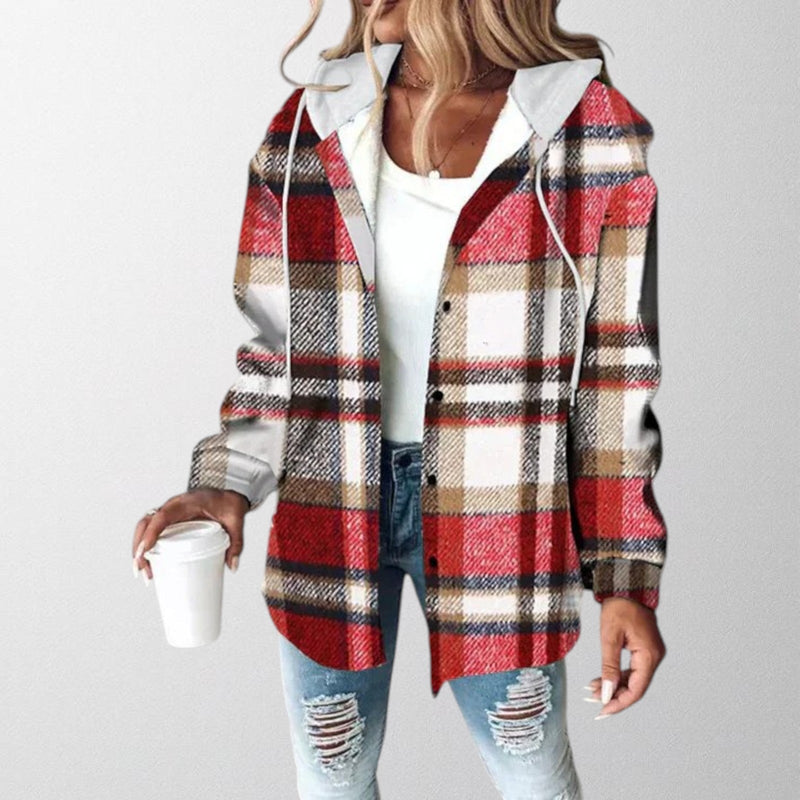 Plaid Hooded Shacket for Women with Button Front and Curved Hem in Red, front view