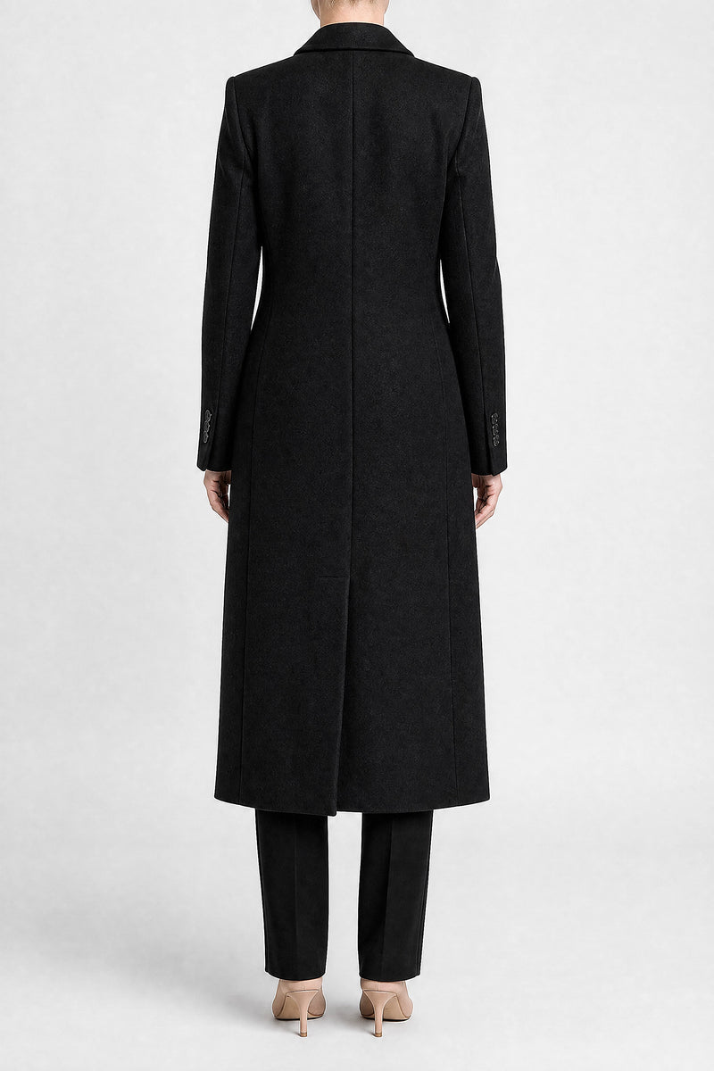 Sofaine Mira women's wool-feel fabric coat in Black, back view studio shot