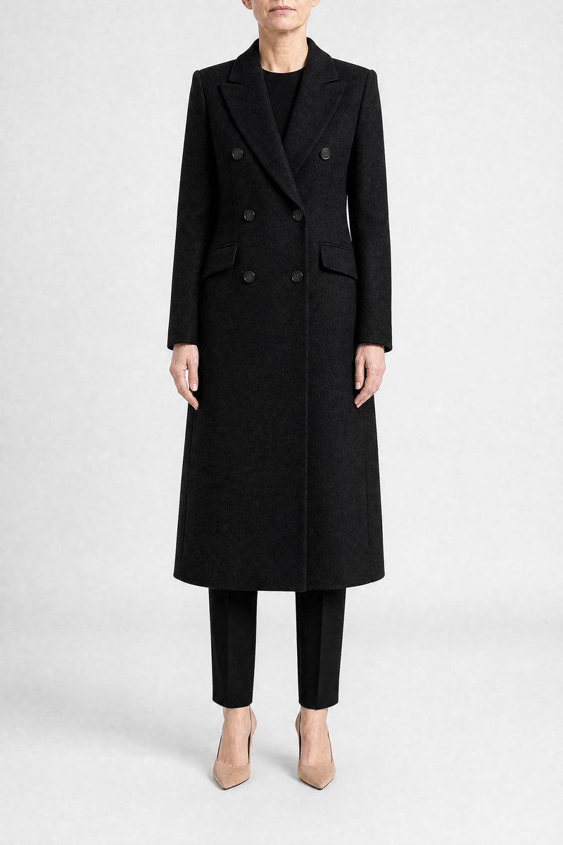 Sofaine Mira women's wool-feel fabric coat in Black, front view studio shot