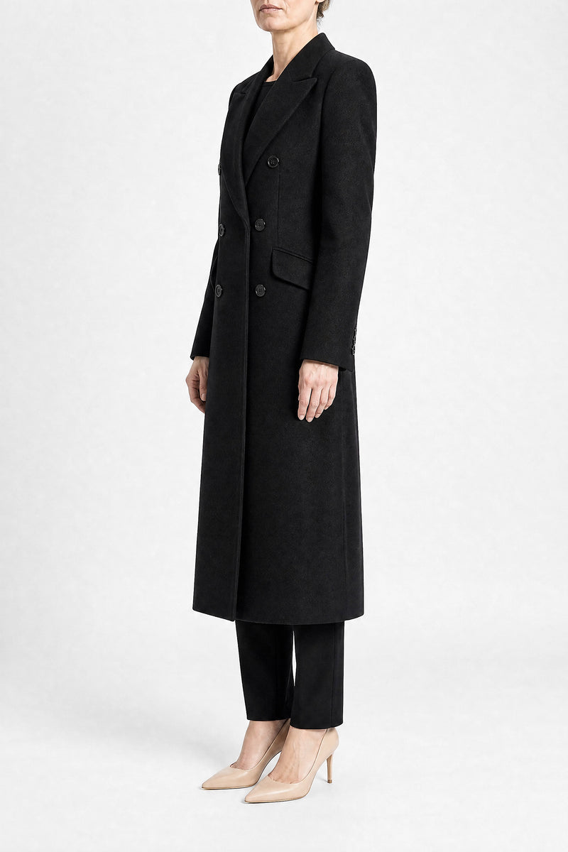 Sofaine Mira women's wool-feel fabric coat in Black, side view studio shot