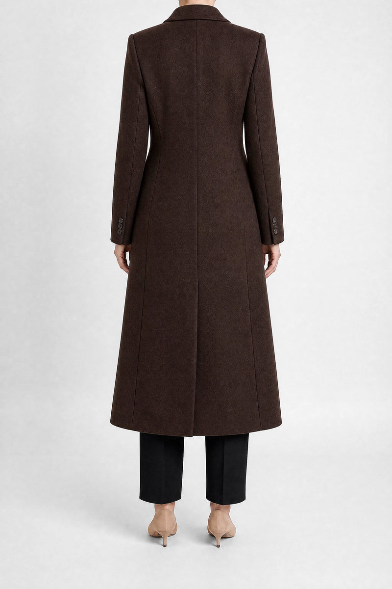 Sofaine Mira women's wool-feel fabric coat in Brown, back view studio shot