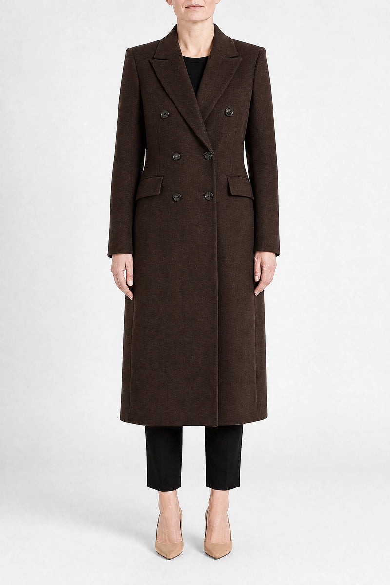 Sofaine Mira women's wool-feel fabric coat in Brown, front view studio shot