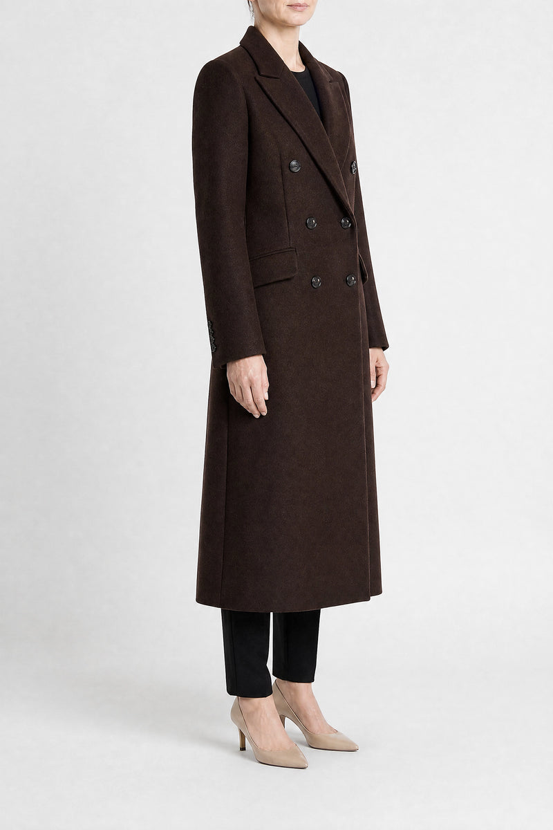 Sofaine Mira women's wool-feel fabric coat in Brown, side view studio shot
