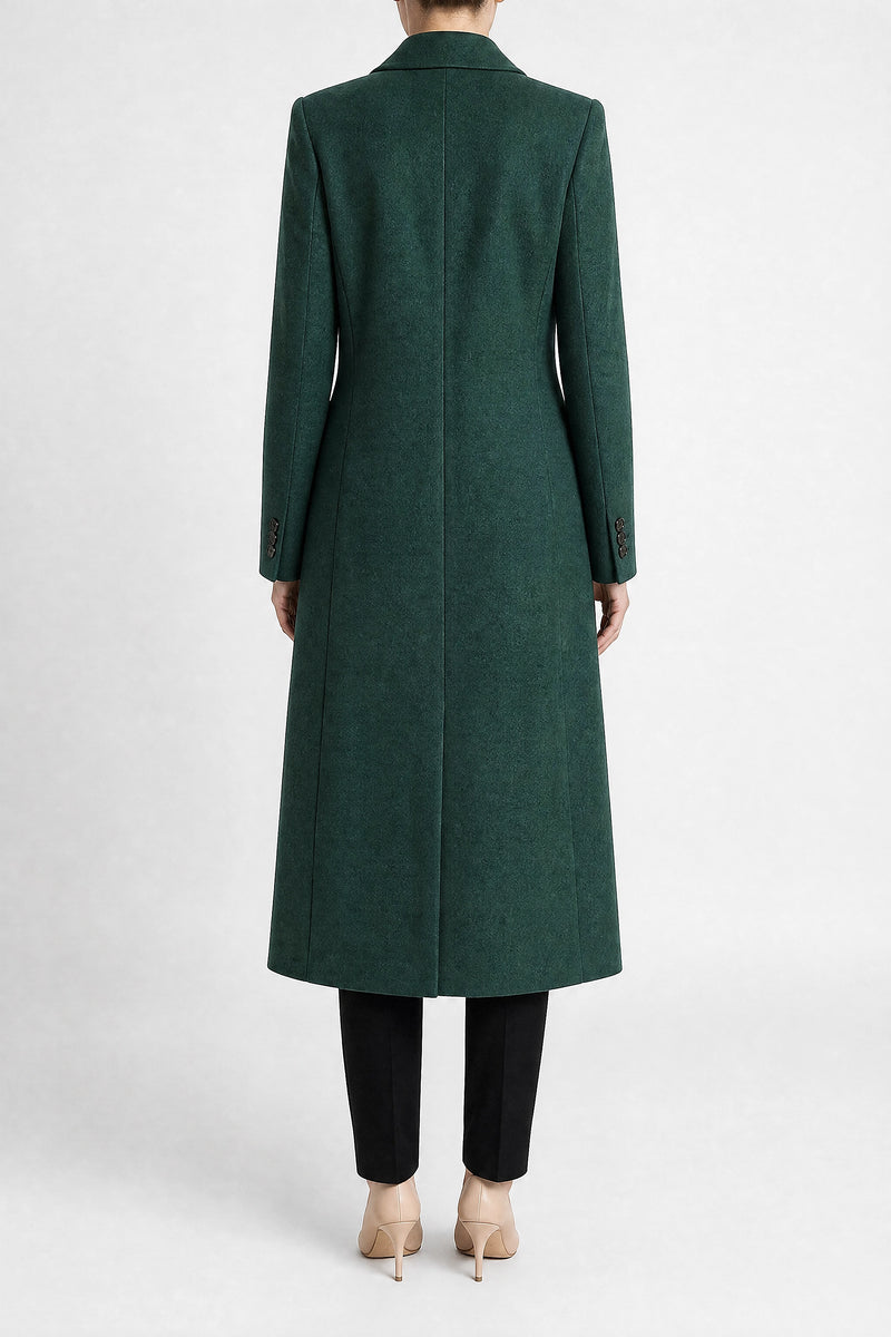 Sofaine Mira women's wool-feel fabric coat in Green, back view studio shot