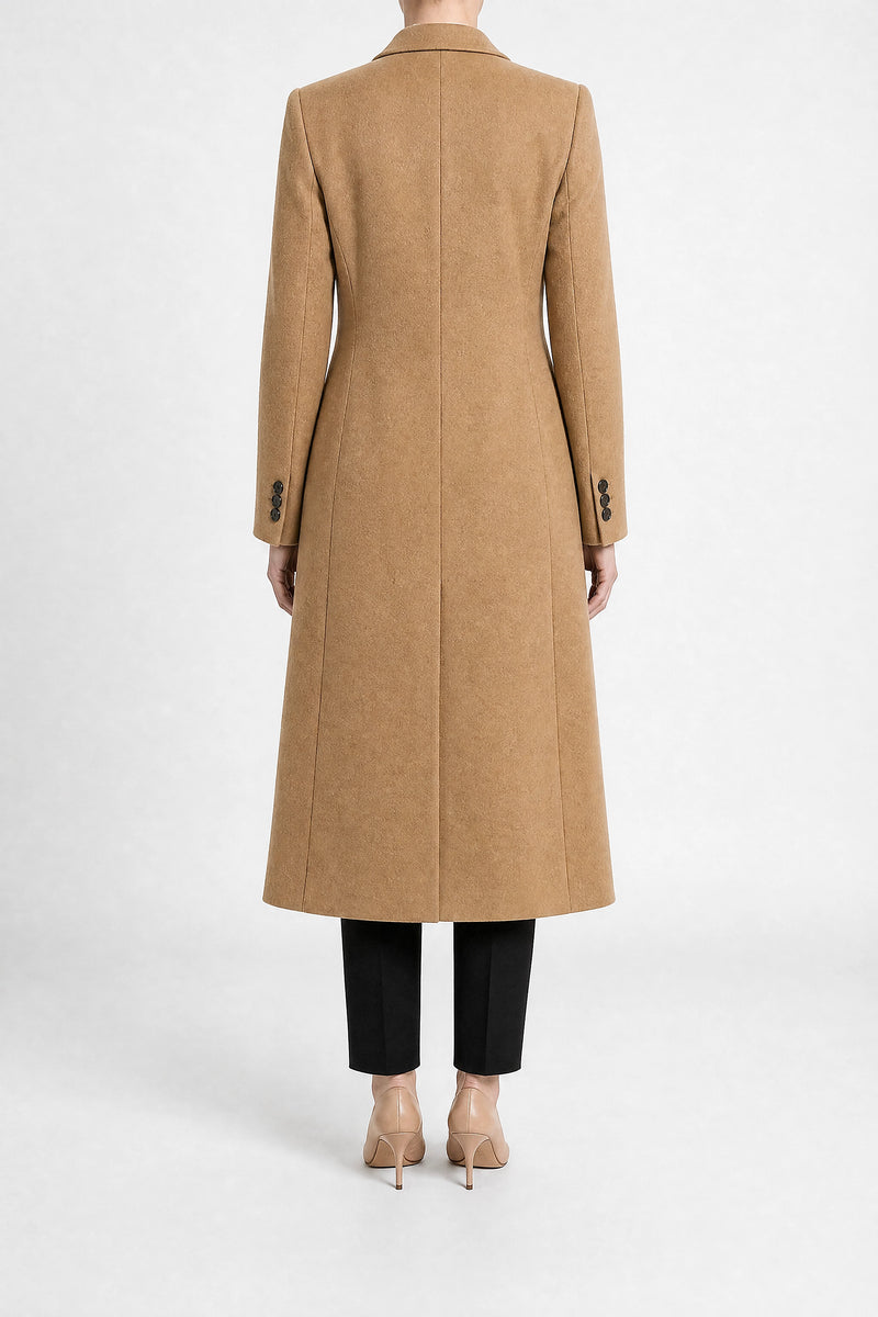 Sofaine Mira women's wool-feel fabric coat in Khaki, back view studio shot