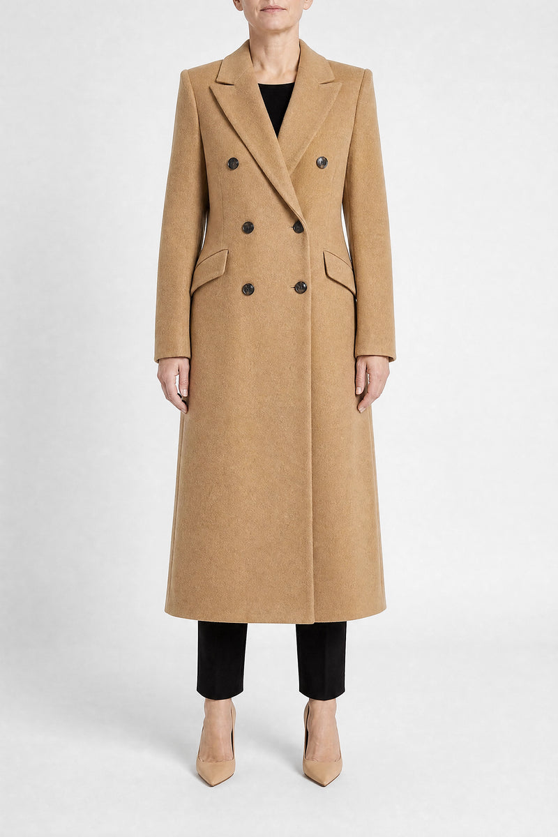 Sofaine Mira women's wool-feel fabric coat in Khaki, front view studio shot