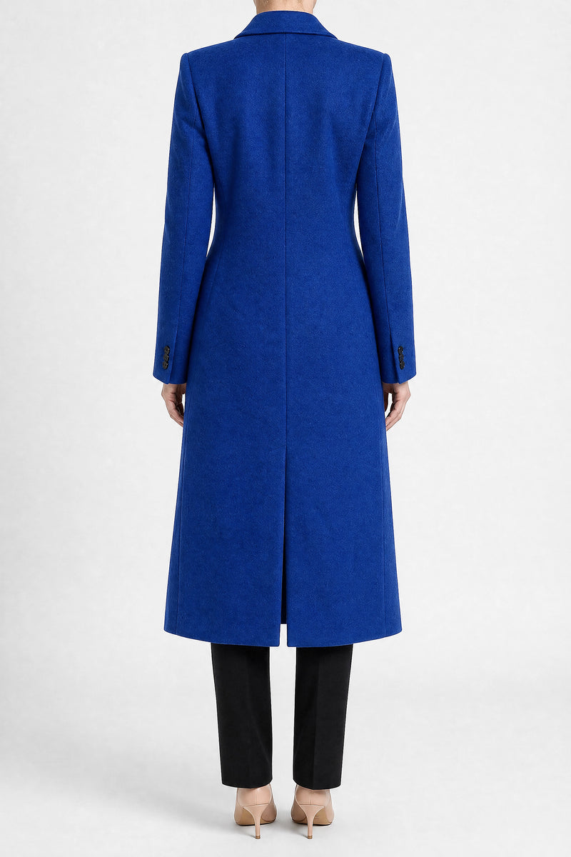 Sofaine Mira women's wool-feel fabric coat in Royal Blue, back view studio shot