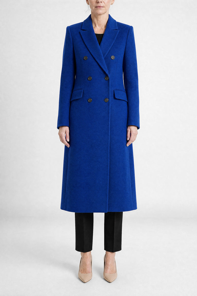 Sofaine Mira women's wool-feel fabric coat in Royal Blue, front view studio shot
