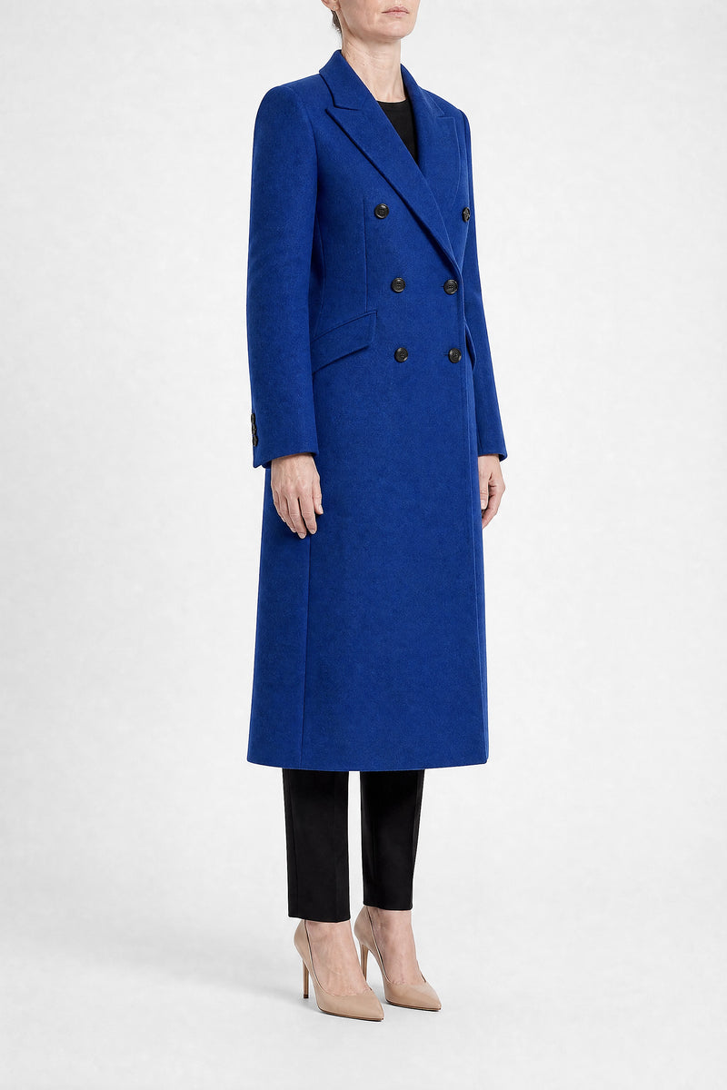 Sofaine Mira women's wool-feel fabric coat in Royal Blue, side view studio shot