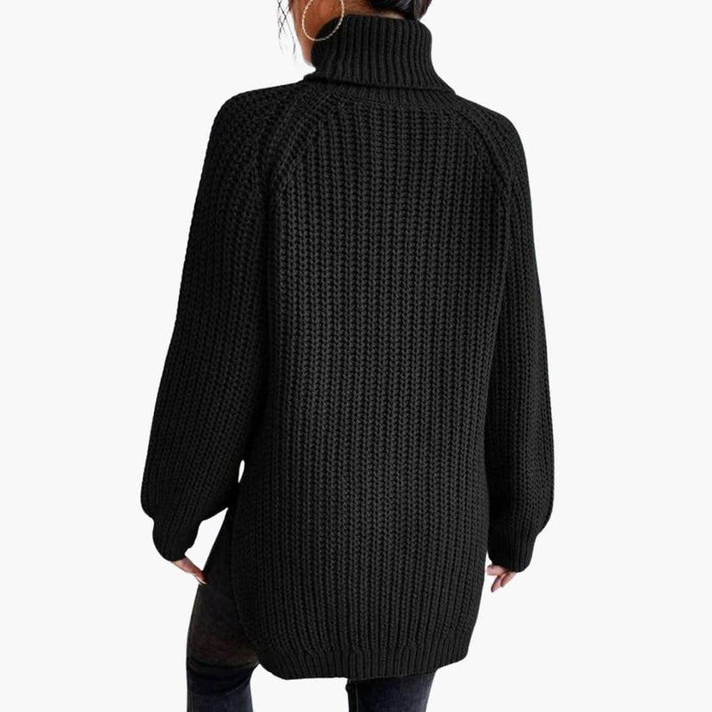 Chunky Turtleneck Sweater for Women with Side Slits and Raglan Sleeves in Black, back view