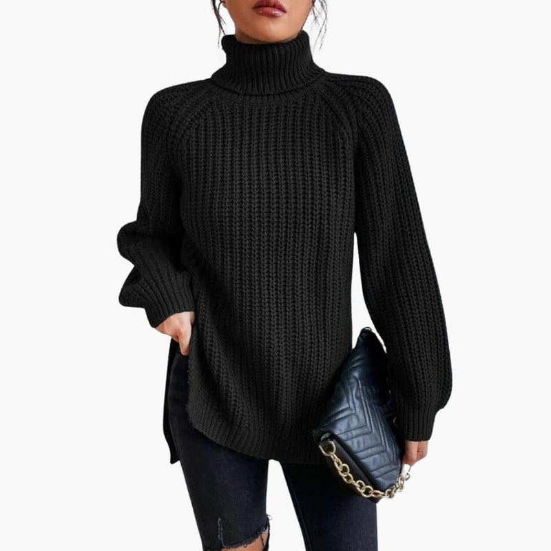 Chunky Turtleneck Sweater for Women with Side Slits and Raglan Sleeves in Black, front view