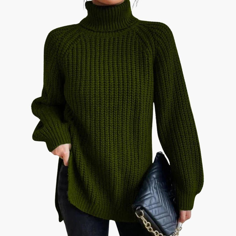 Chunky Turtleneck Sweater for Women with Side Slits and Raglan Sleeves in Dark Green, front view