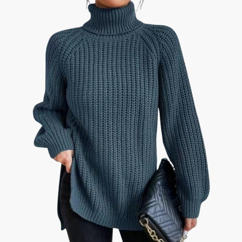 Chunky Turtleneck Sweater for Women with Side Slits and Raglan Sleeves in Grey Blue, front view