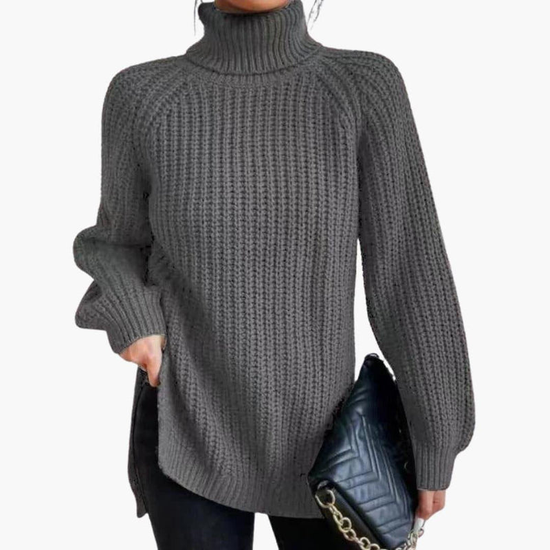 Chunky Turtleneck Sweater for Women with Side Slits and Raglan Sleeves in Grey, front view