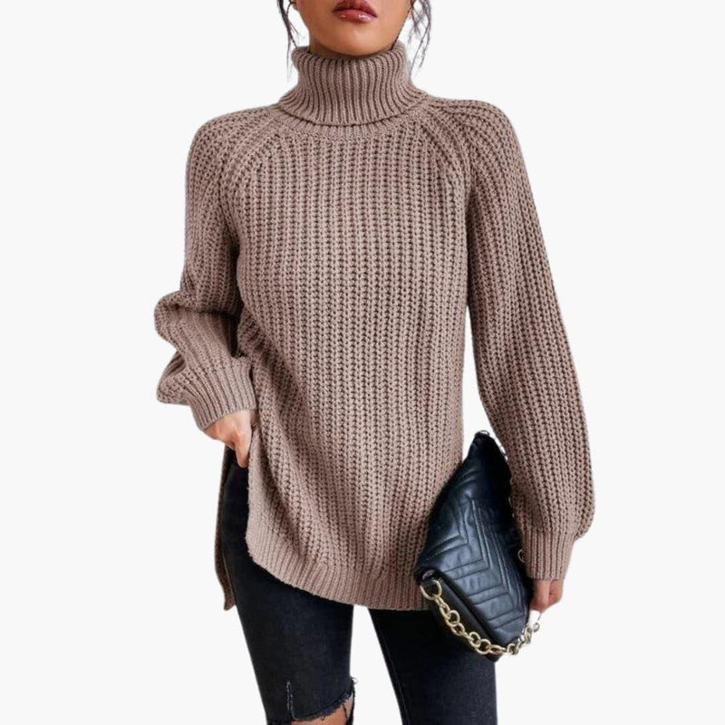 Chunky Turtleneck Sweater for Women with Side Slits and Raglan Sleeves in Khaki, front view