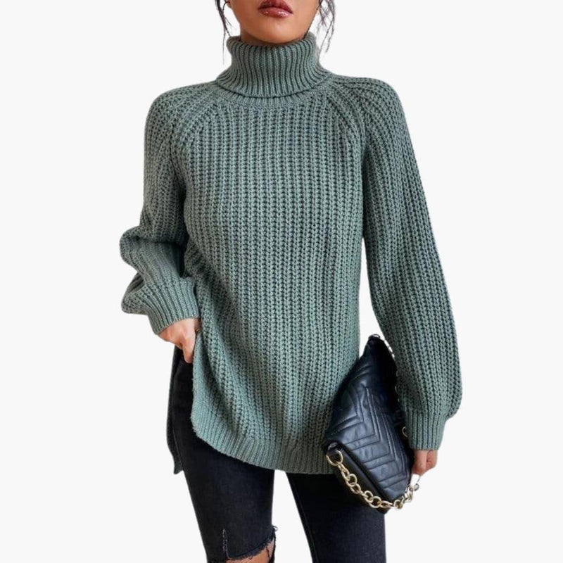 Chunky Turtleneck Sweater for Women with Side Slits and Raglan Sleeves in Light Green, front view