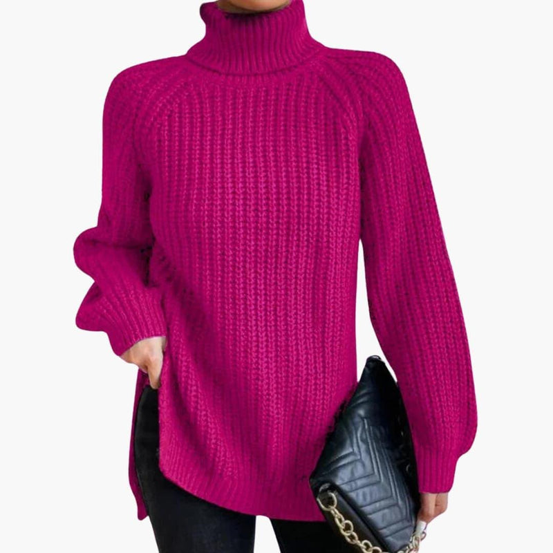 Chunky Turtleneck Sweater for Women with Side Slits and Raglan Sleeves in Magenta, front view