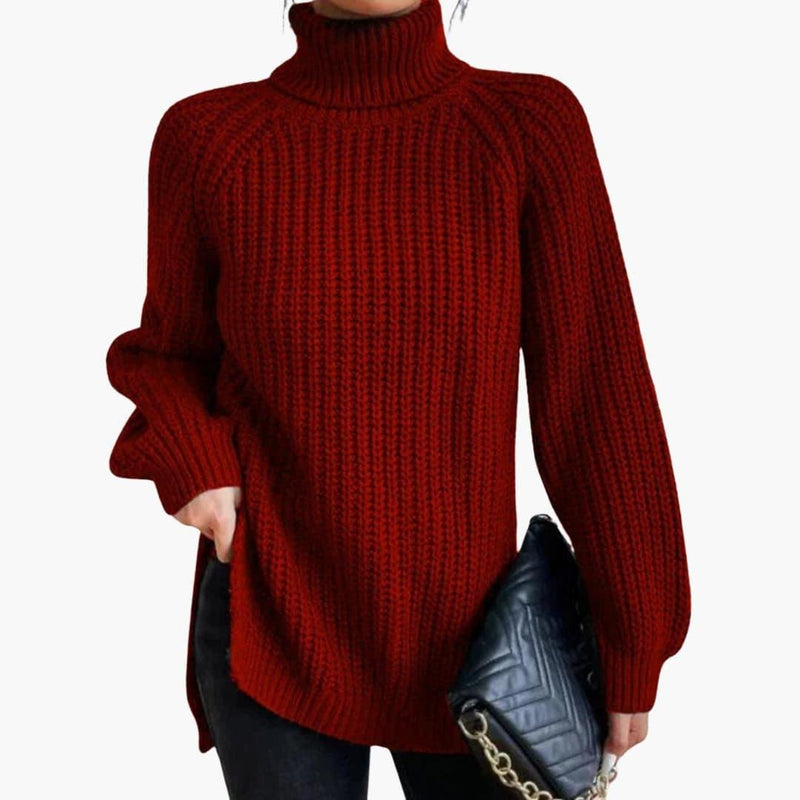 Chunky Turtleneck Sweater for Women with Side Slits and Raglan Sleeves in Red, front view